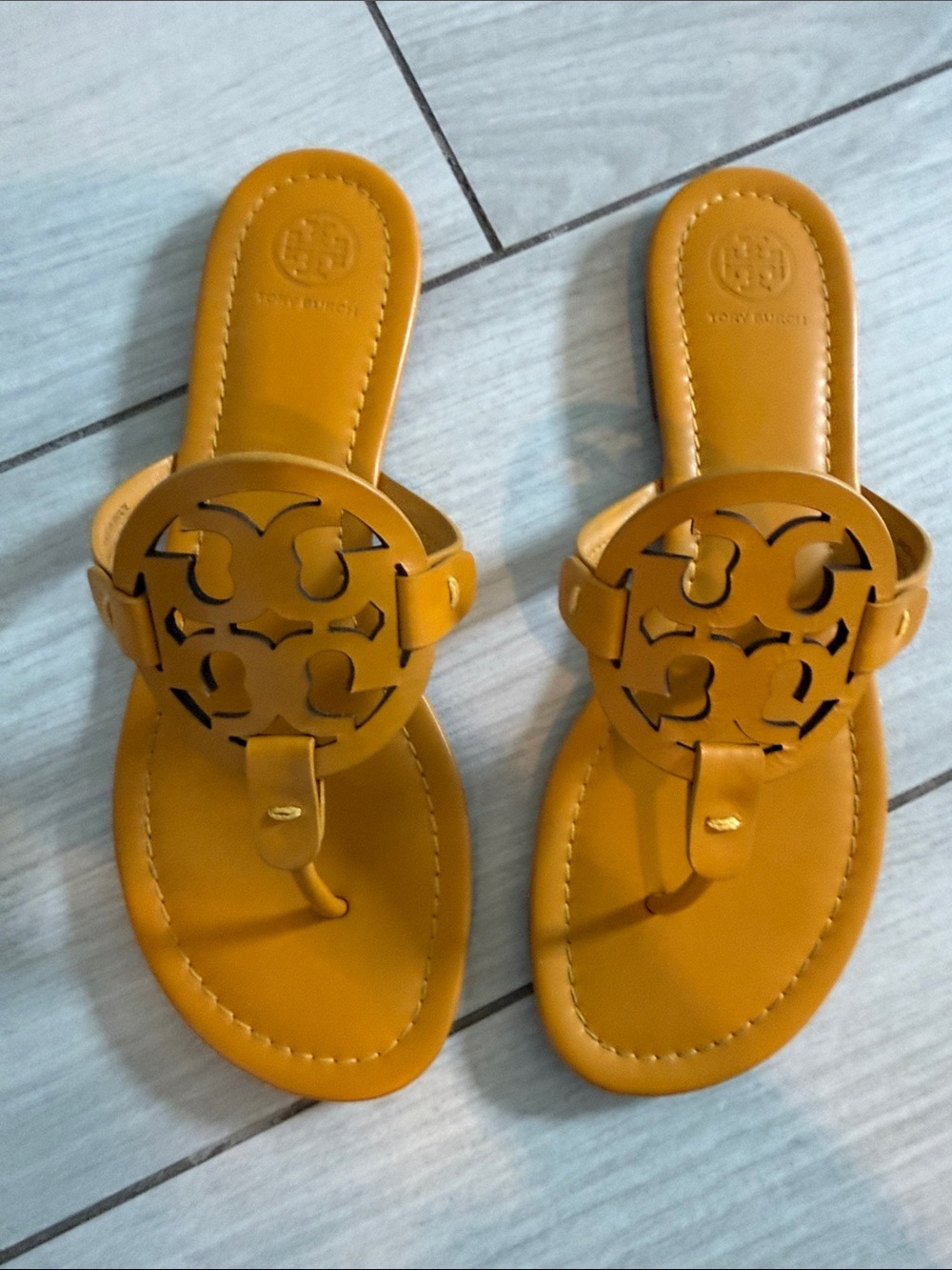 Tory Burch Miller Calf Leather Sandals in Goldenrod - Picture 2 of 5